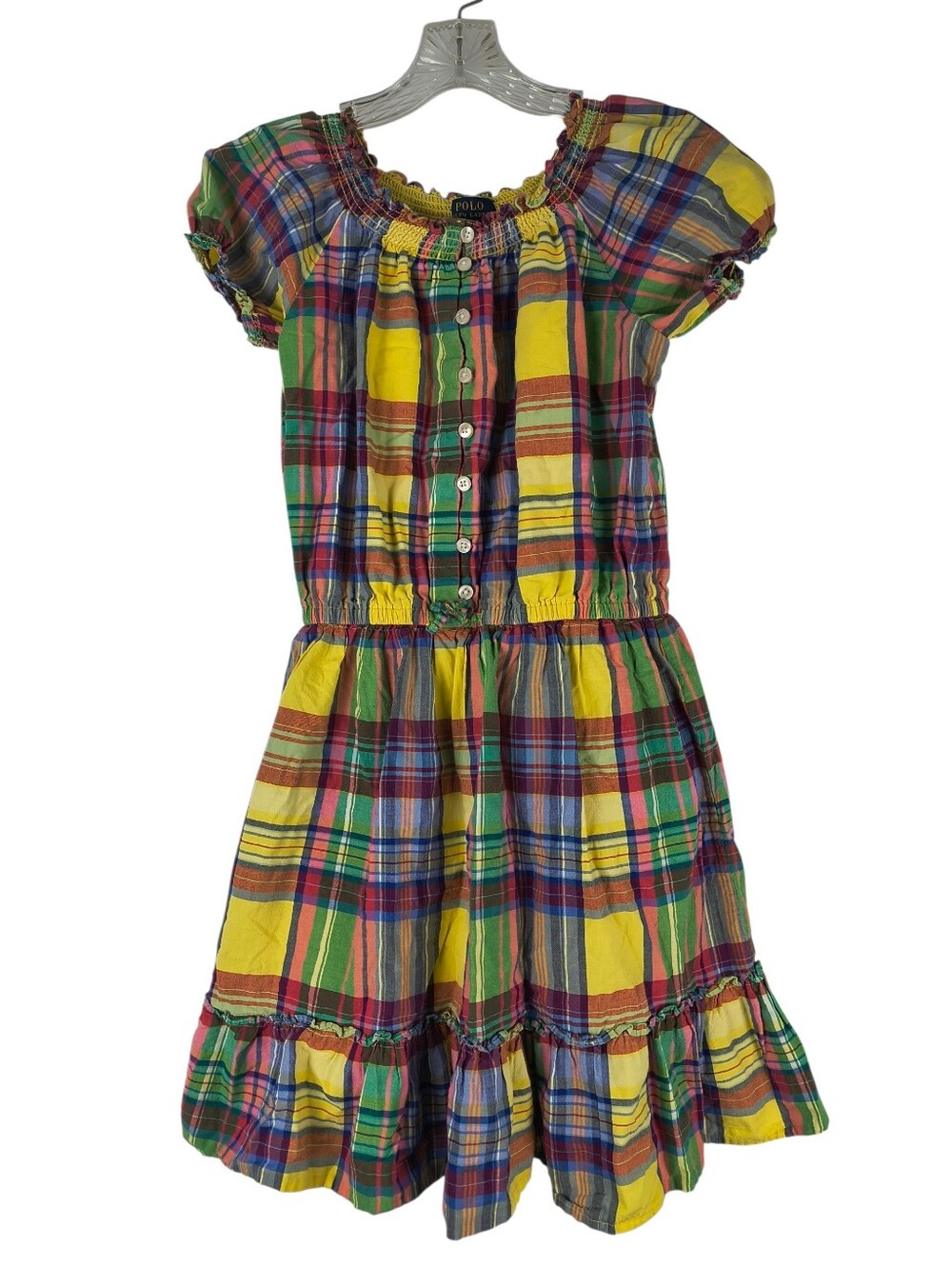 Polo Ralph Lauren Dress Girls 14 Multicolor Plaid Short Sleeve Cotton Tiered